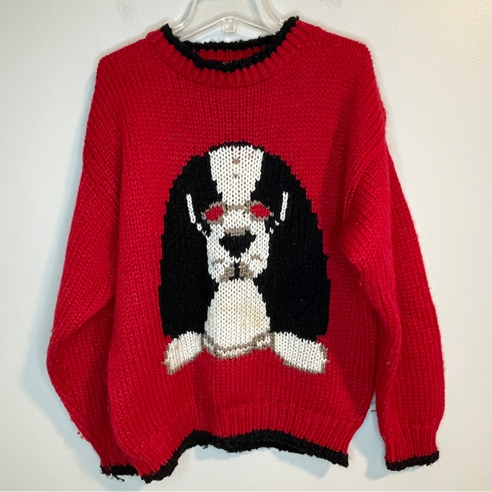 EVIAN II Vintage 80s Knitted by Hand puppy dog sweater M